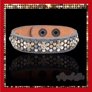 Gray Studded crystal leather stars edgy boho wrap cuff band biker bracelet